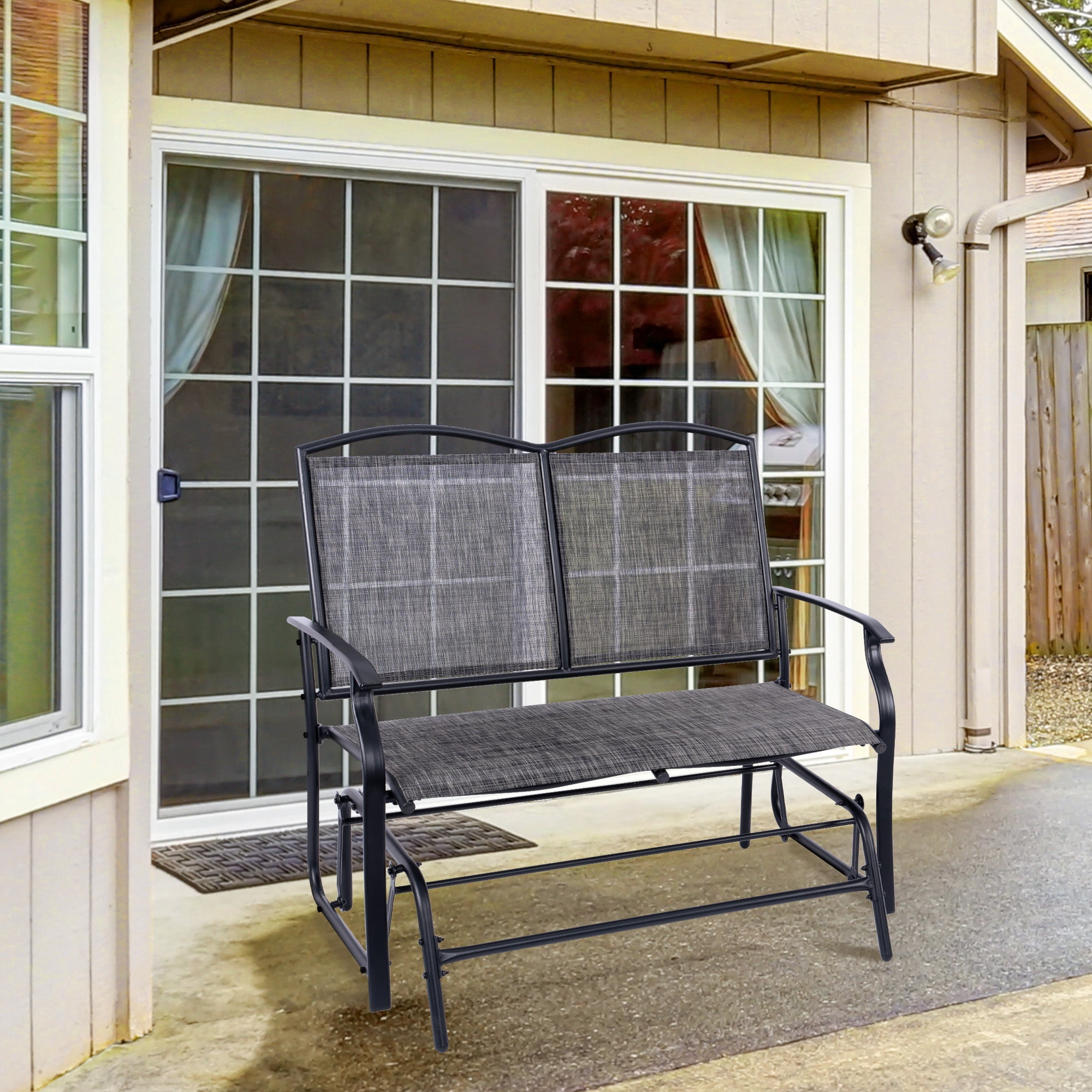 Backyard Expressions 2-Person Outdoor Glider Bench, Patio Double Swing Rocking Chair Loveseat w/Powder Coated Steel Frame for Backyard Garden Porch, Black Frame - Heathered Grey Sling Fabric