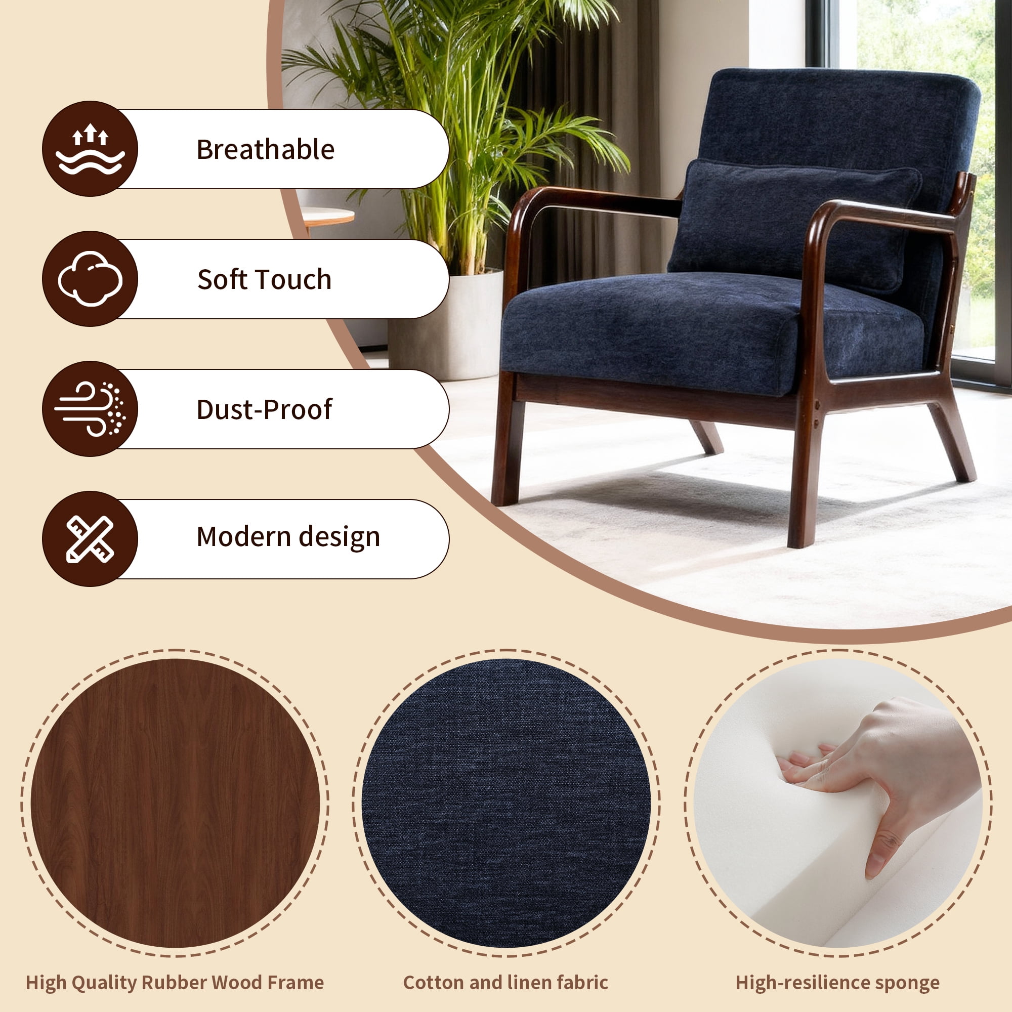 Leumius Accent Chair, Mid Century Modern Armchair with Solid Wood Frame and Detachable Lumbar Pillow for Living Room, Bedroom, Office Blue