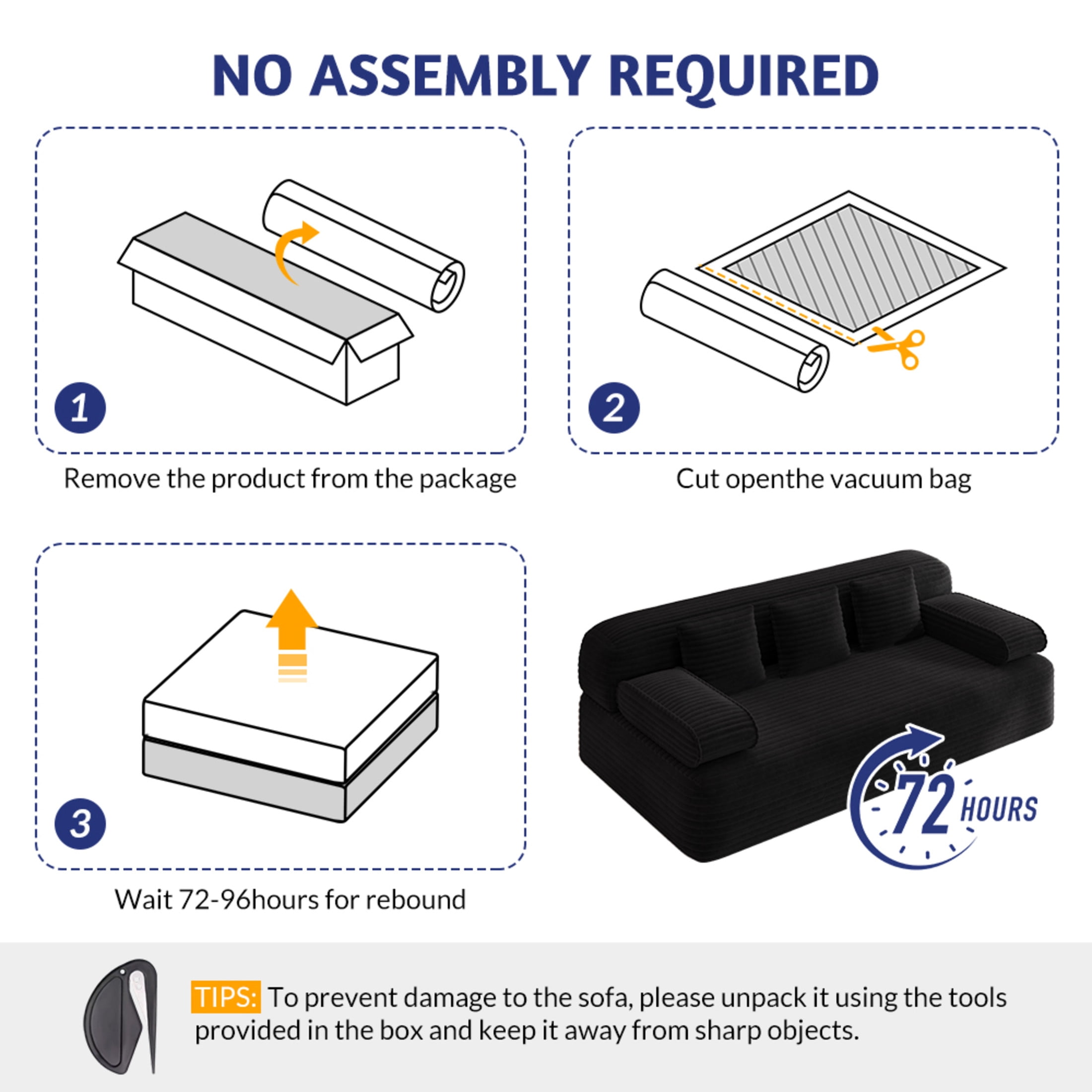 Noble House 79" Frameless Convertible Sofa Bed, 2-in-1 Corduroy 3-Seater Cloud Couch, Small Spaces, Apartments, Black