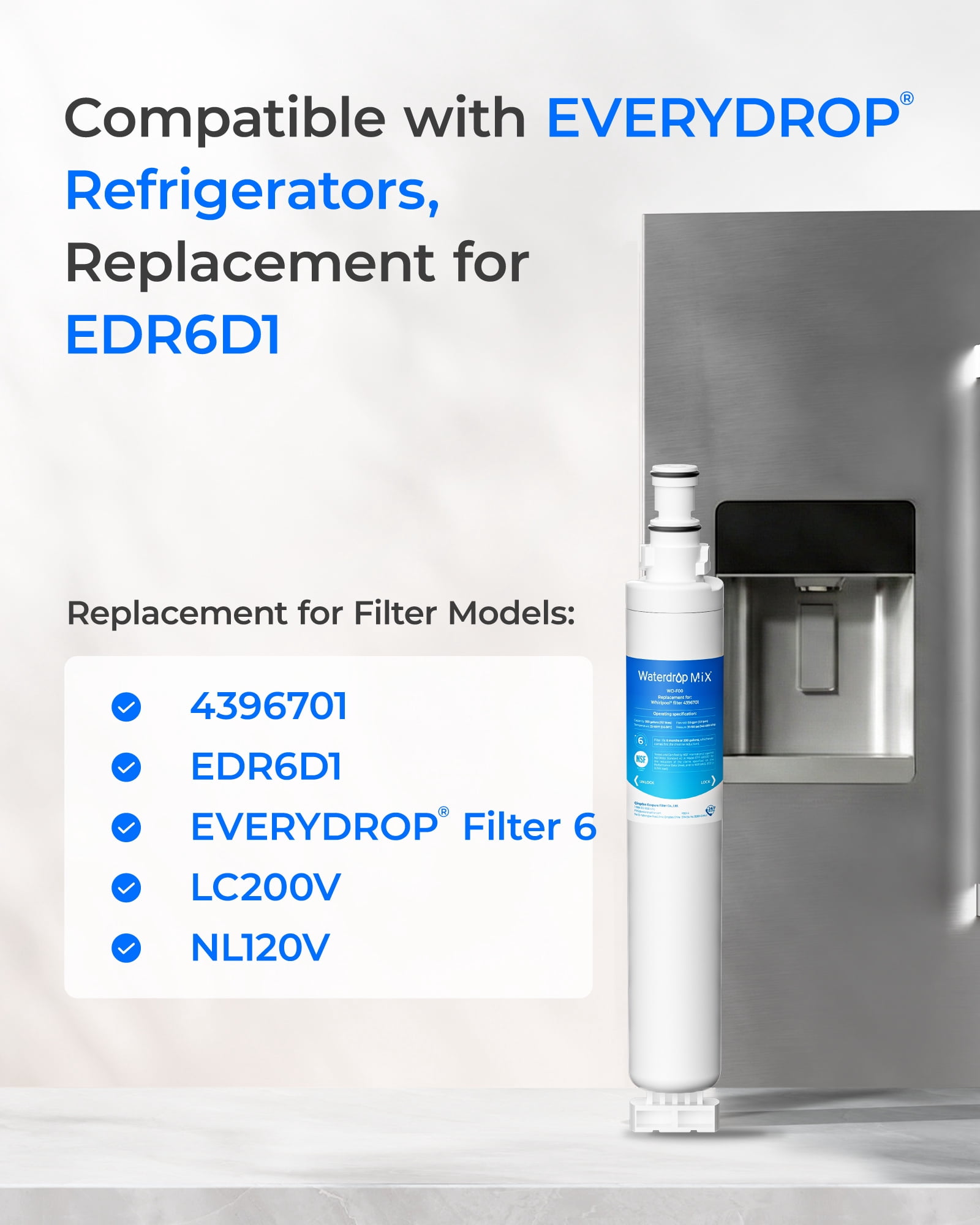 Waterdrop 4396701 Replacement for Whirlpool® EDR6D1, 4396701, Kenmore 9915, 469915, WF293, RWF2000A, 4396702, LC200V, L200V, WFL200 Refrigerator Water Filter 6 Pack