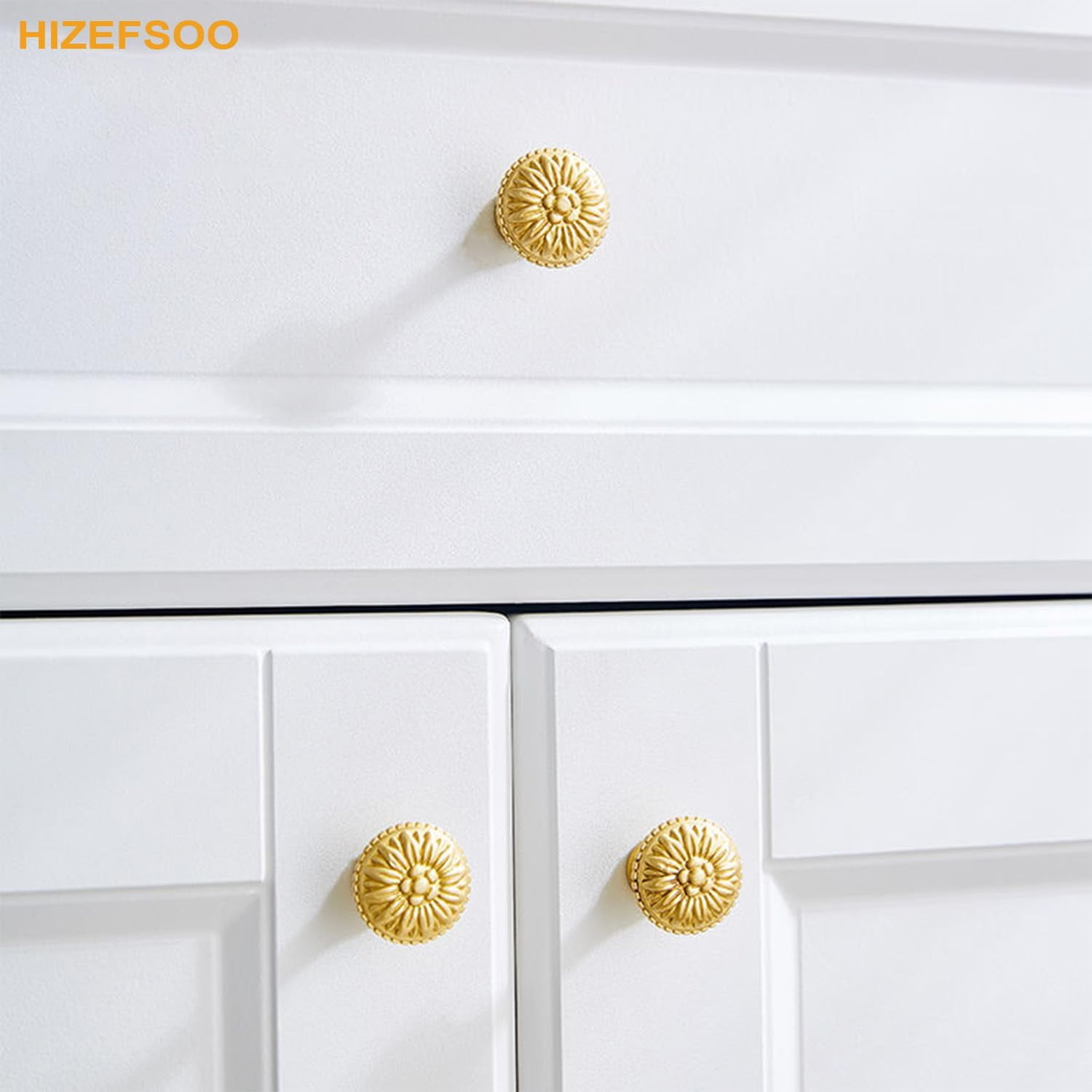 CATPAN 4PCS Gold Brass Drawer Knobs, Solid Copper Gold Brass Cabinet Knobs Decorative Knob Vintage Antique Flower Round Brushed Gold Solid Copper Drawer Cabinet Dresser Knob Pull Handle
