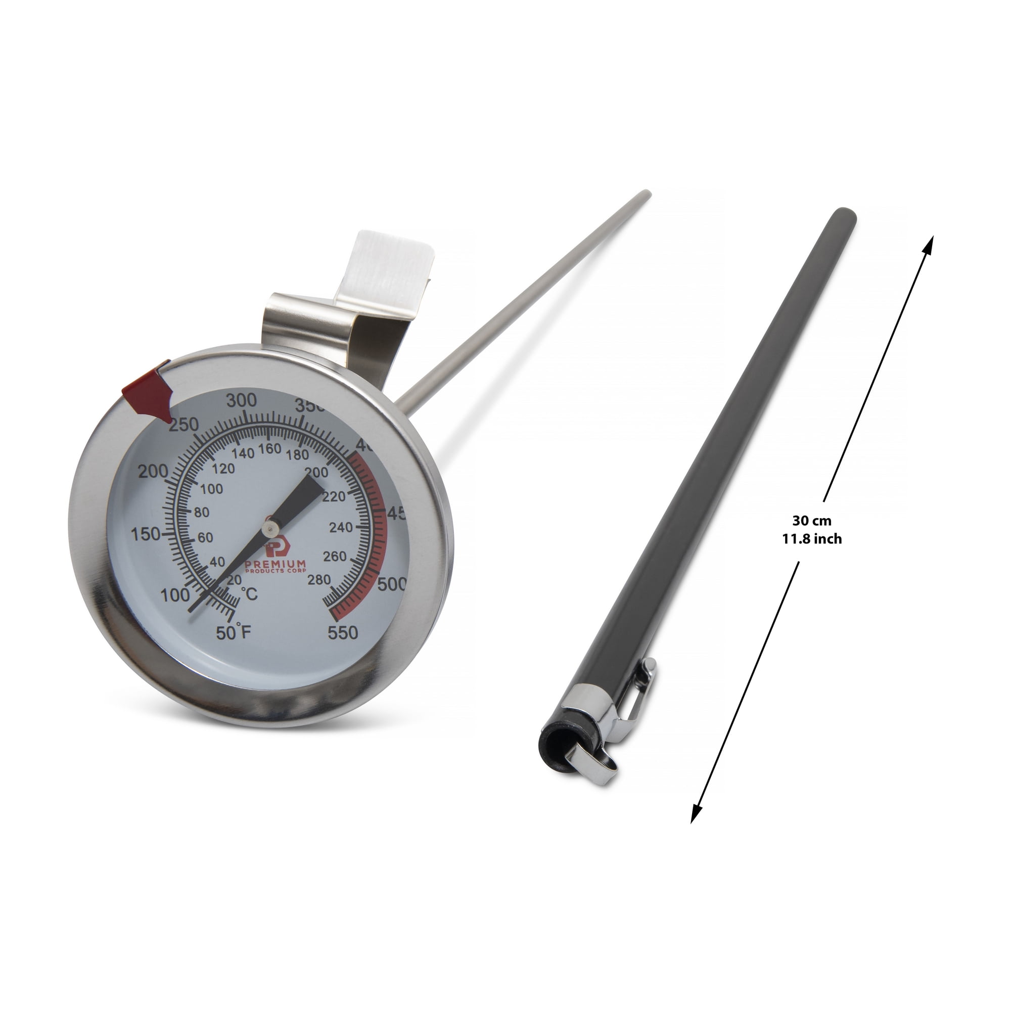Premium Products Deep Fry Hot Oil Thermometer - Perfect for Deep Frying - 12" Probe with Easy to Read Dial. Adjustable Clamp for Any Depth Pot, Great for Candy Making & BBQ Grills