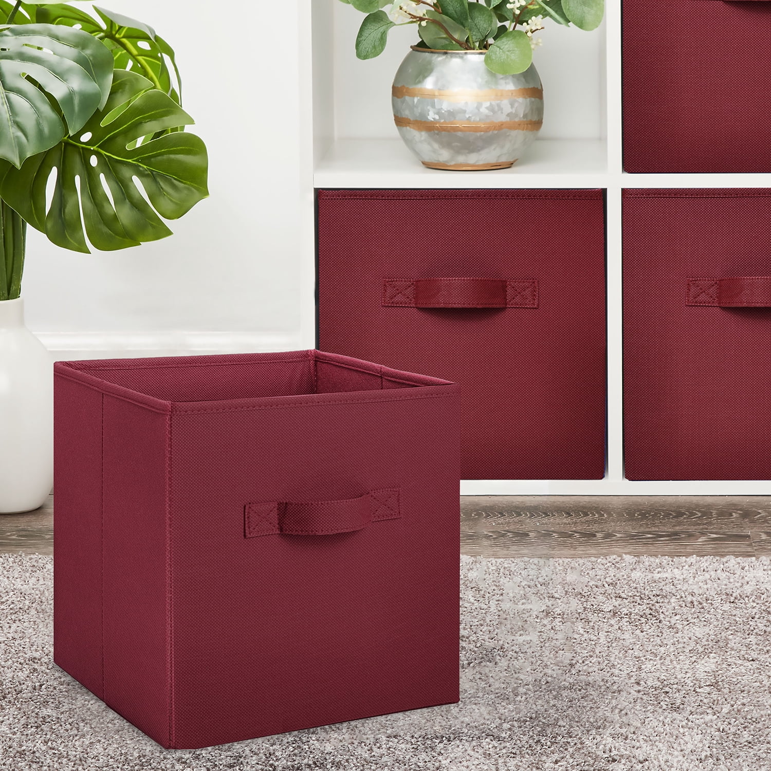 Mainstays Collegiate Collapsible Fabric Bins 10.5X10.5, Maroon Supreme, 4 Pack
