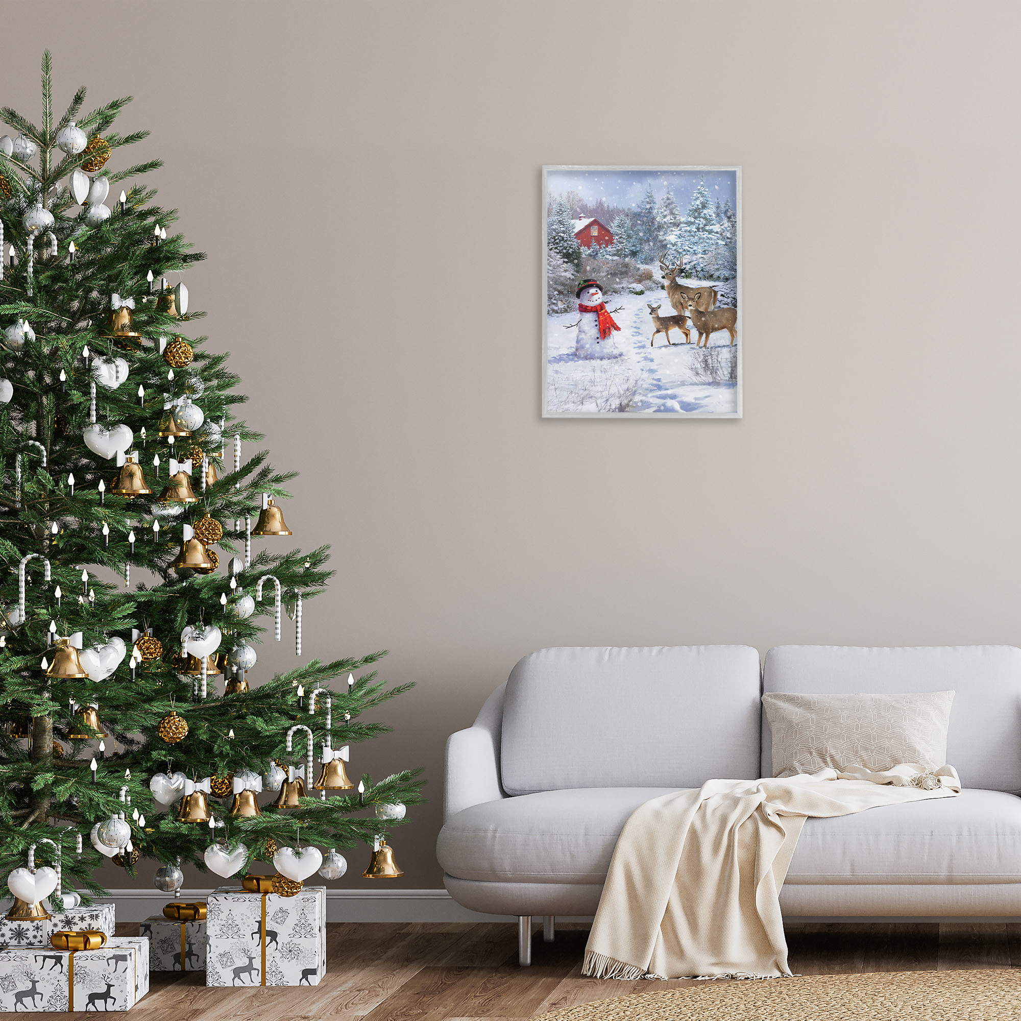 Stupell Industries Reindeer & Snowman Landscape Landscape Painting Gray Framed Art Print Wall Art, 24 x 30
