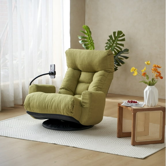360° Swivel Floor Lounge Chair with Adjustable Head and Waist, Gaming Chair with Phone Holder and Side Pocket, Comfly Sofa Chair for Living Room, Bedroom, Apartment, Green