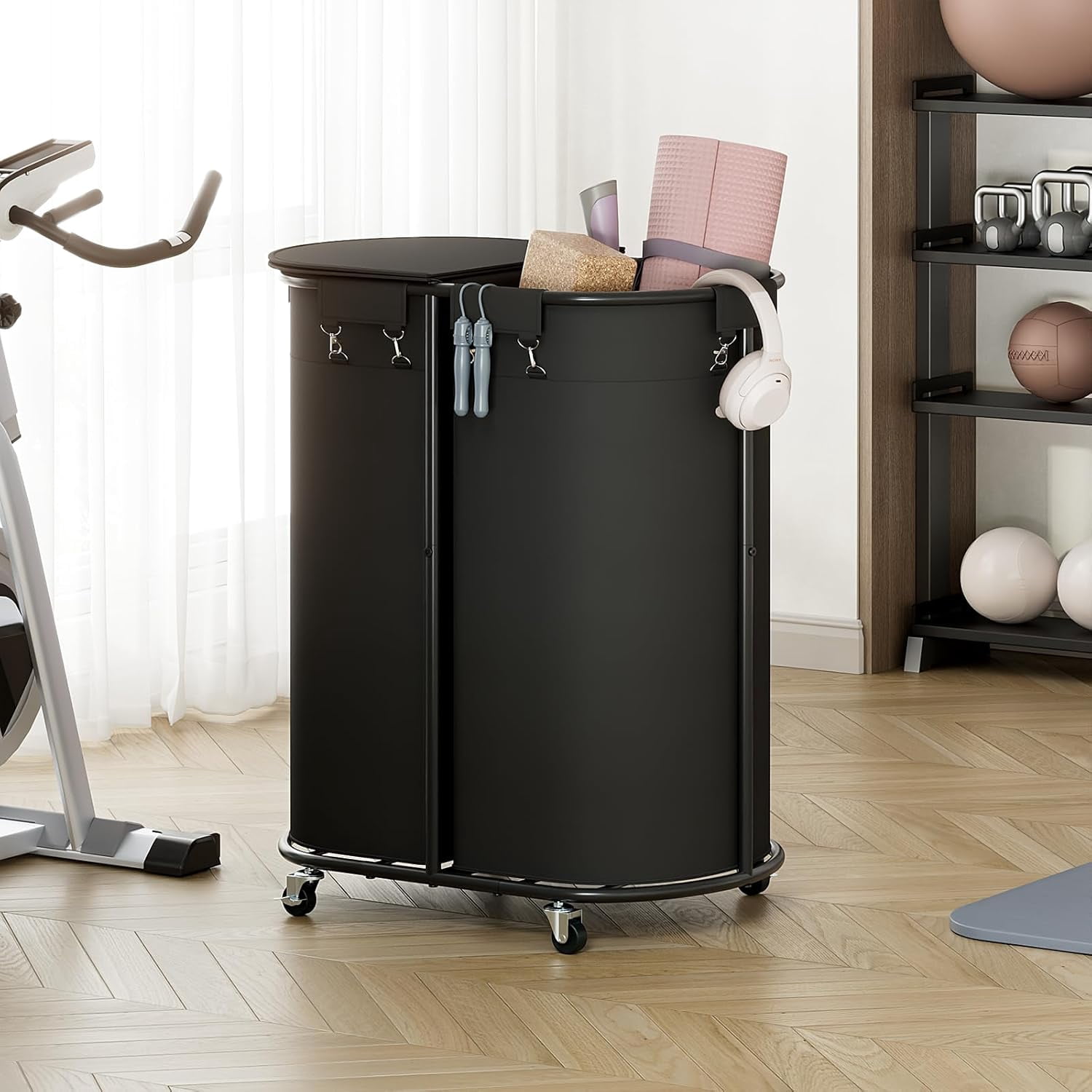 200L Double Laundry Hamper with Wheels and Lid, Large Oval Rolling Basket with Removable Bags, Black