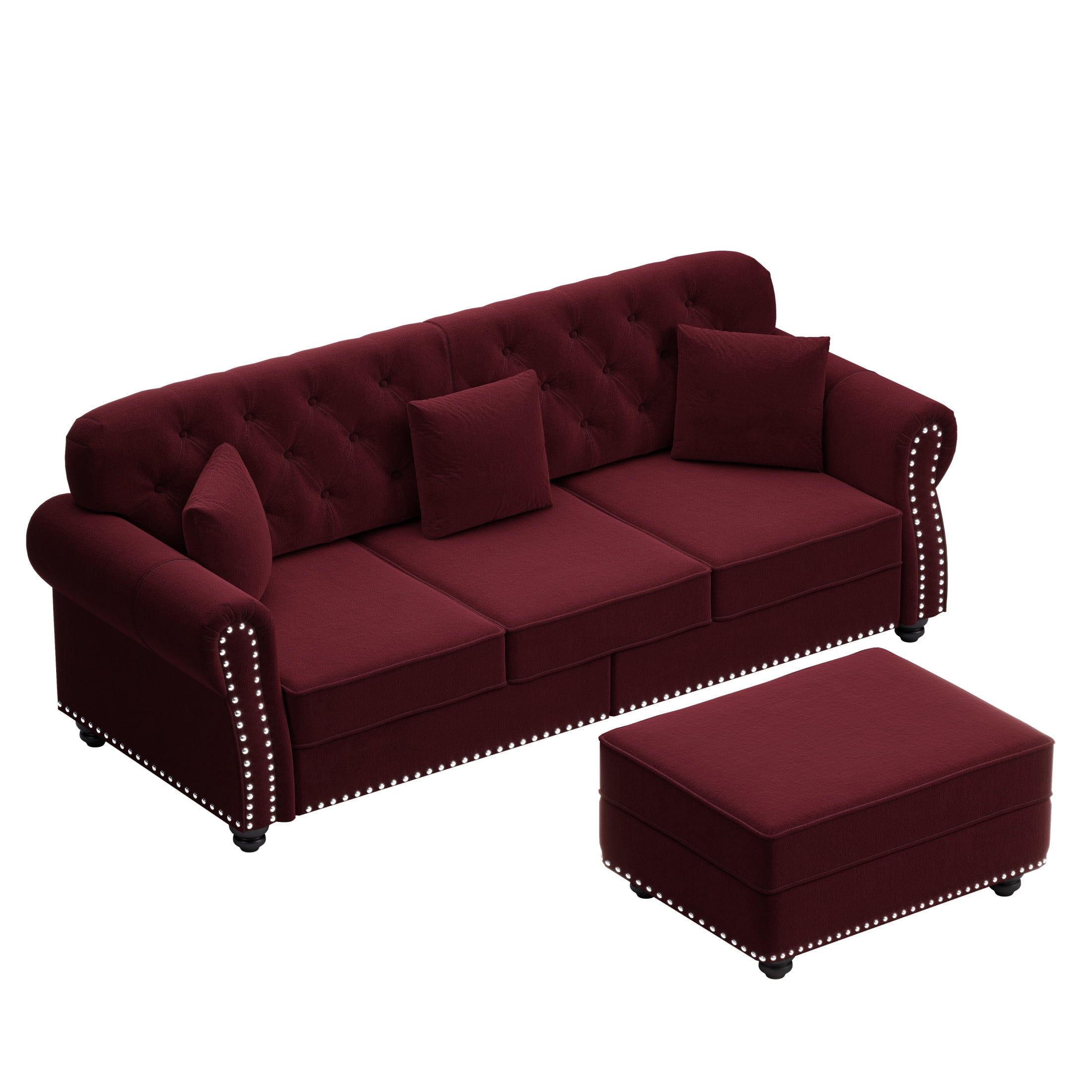 Noble House Kieran 3-Seater Velvet Chesterfield Sofa, Modern Tufted Armchair with Nailhead Trim and Ottoman, Burgundy