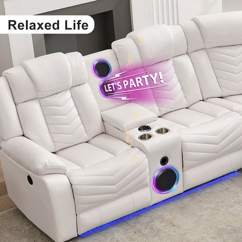 Power Reclining Sectional Sofa with Bluetooth Speakers,USB Ports,LED Lights,Cup Holders,Storage Console,Faux Leather Electric Corner L-Shaped Recliner Couch,5 Seater for Living Room White