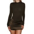 thumbnail image 3 of Women'S Patchwork Bodycon Sleeve Ruched Bodycon Work Mini Dress Brown M, 3 of 8