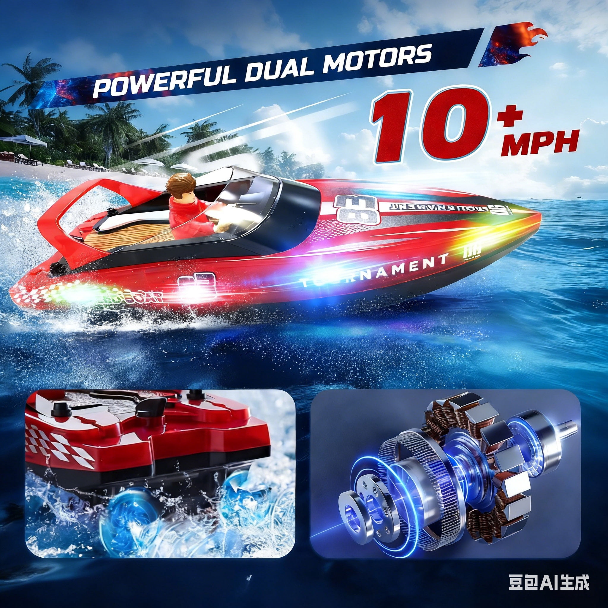 JoyStone 10 Inch RC Boat with LED Lights for Adults and Kids - 2.4Ghz Remote Control Boat for Pool and Lakes, Dual Motor & Low Battery Alarm, Gifts for 8-12 Boys Girls(Red)