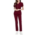 thumbnail image 2 of WULMLEO 2 Piece Scrubs Outfits for Women V Neck Petite Scrub Sets Zip up Comfortable Short Sleeve Casual Nursing Workwear Tops and Pants Medical Spring Stretch Nurse Uniform Wine 2XL, 2 of 5