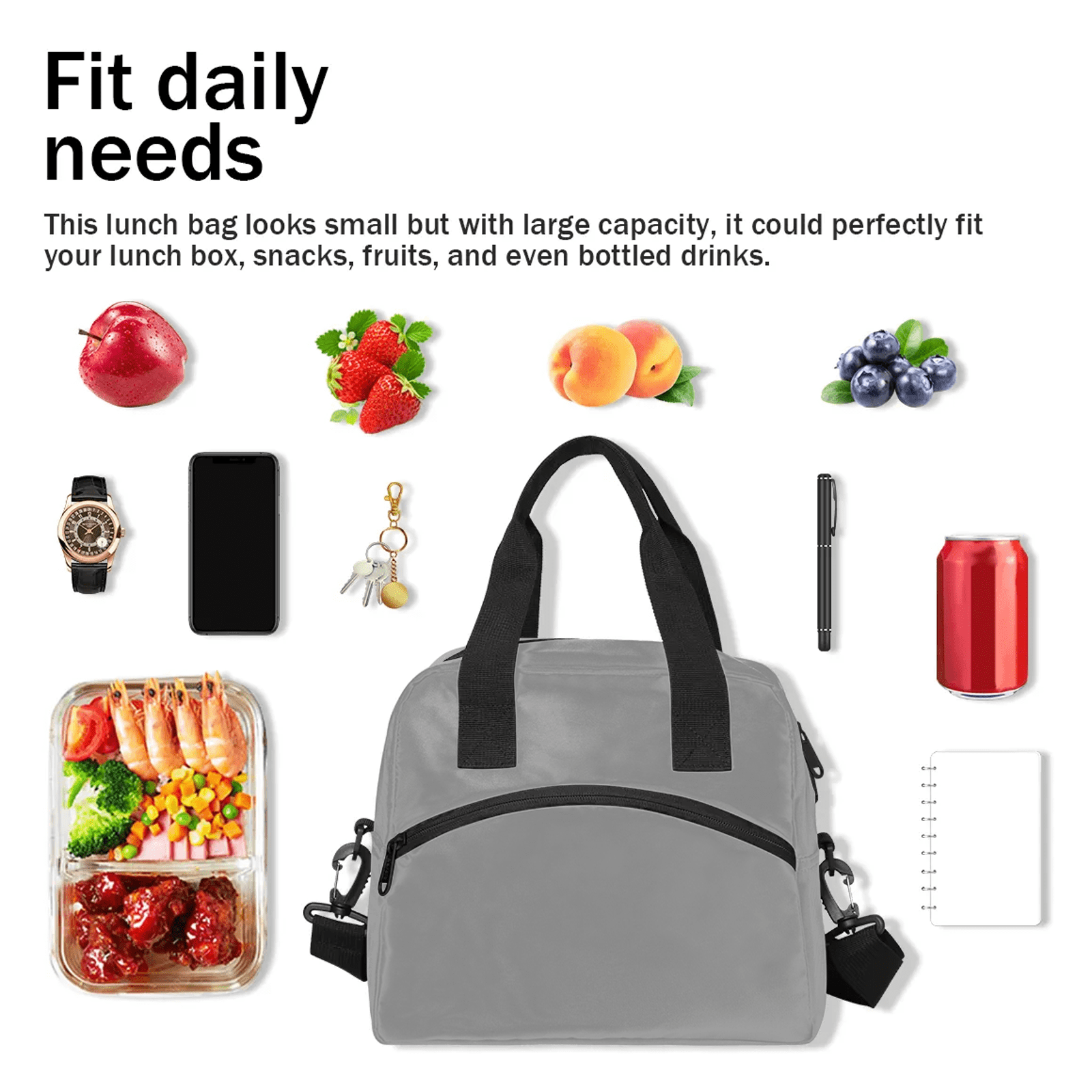 Herdesigns Grey Lunch Bag for Adults Men Women Insulated Reusable Lunch Box Leakproof Cooler Tote Bag with Adjustable Shoulder Strap