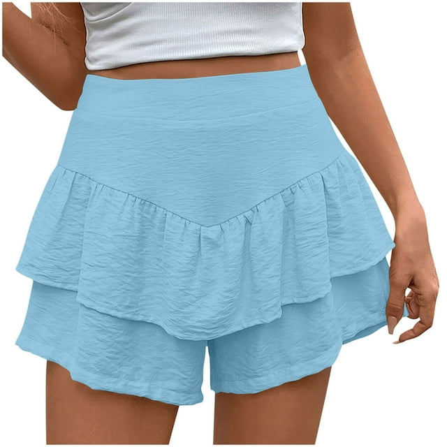 UAMVSH Boho Skorts for Women Trendy Layered Ladies Summer Vacation Shorts Soft High Waist Ruffle Hem Flowy Shorts
