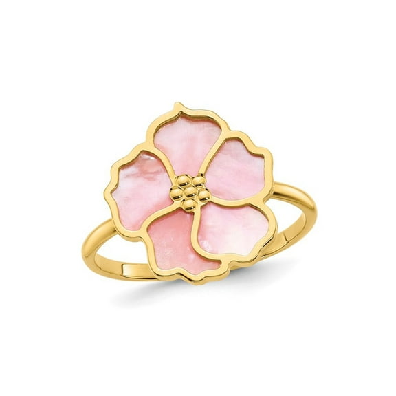 Gem & Harmony 14 Karat Yellow Gold Pink Mother of Pearl Flower Ring for Women