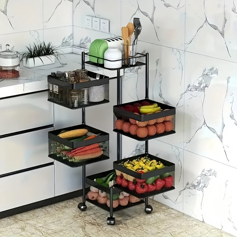 Howcool 5-Layer Metal Rolling Cart with Wheels, Kitchen Vegetable Storage Rack with Rotating Mesh Baskets