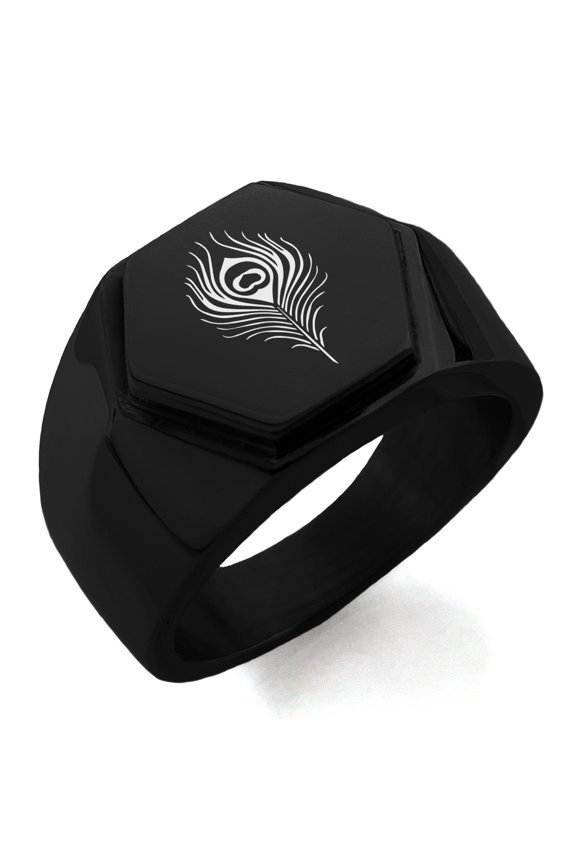 Stainless Steel Hera Greek Goddess of Marriage Engraved Hexagon Crest Flat Top Biker Style Polished Ring