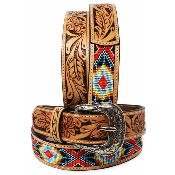 36  Western Floral Hand-Tooled Beaded Full-Grain Leather Belt 26FK59