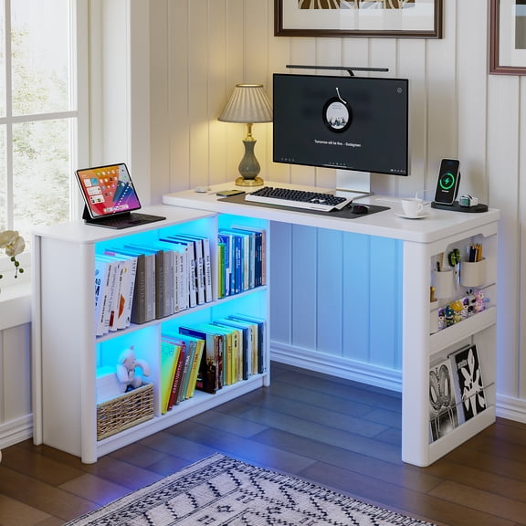 VKCC L Shaped Desk with LED Light,47.2" Corner Computer Desk with Power Outlets, Modern Study Desk with Storage for Home Office,White