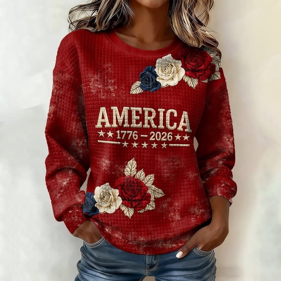 250th Anniversary USA Shirt Womens Graphic T Shirts Long Sleeve Independence Days Sweatshirt Crew Neck Red Top L