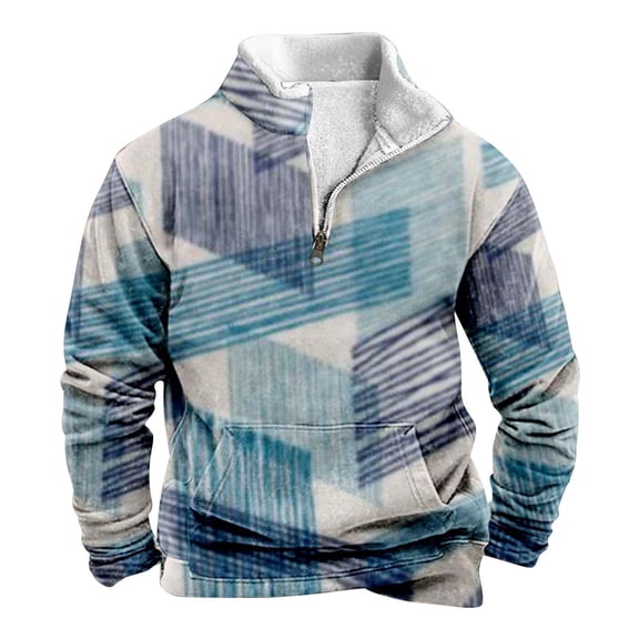 XIAONU Fall Winter Mens Stand Collar Sweatshirts Geometric Striped Quarter Zip Sweatshirt Warmth Kangaroo Pocket Outdoor Top Blue S