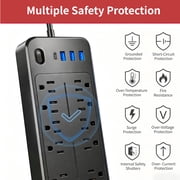 Larmtek 10-Outlet Surge Protector Power Strip with 4 USB Ports - 15 ft Extension Cord, Plug & Computer Safe,Black