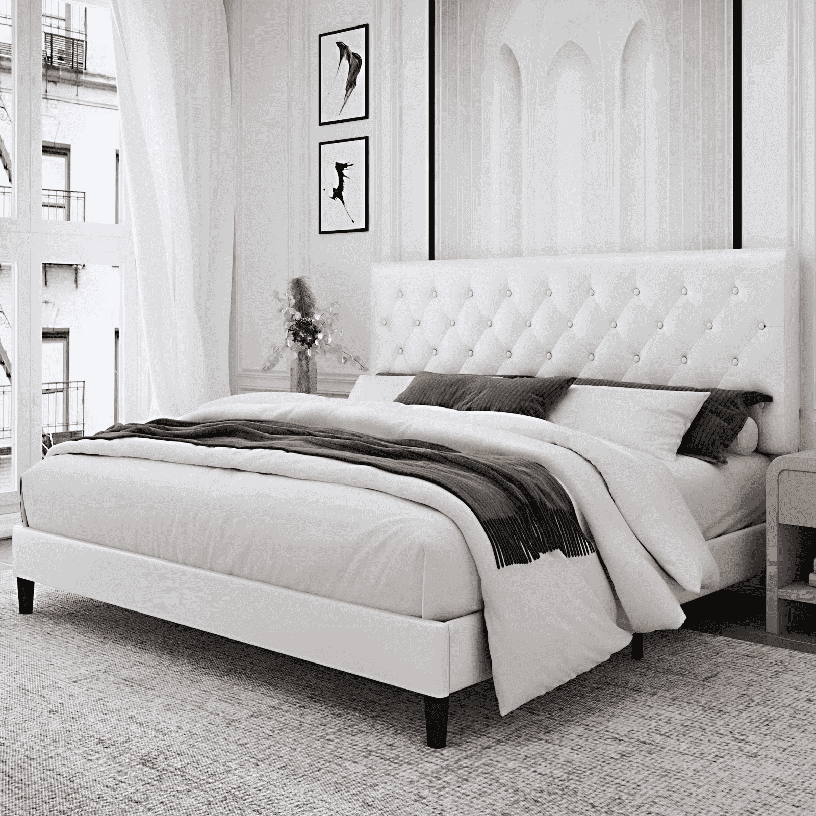 Homfa Queen Size Bed, Faux Leather Upholstered Button Tufted Low Profile Platform Bed Frame with Adjustable Headboard for Bedroom, White
