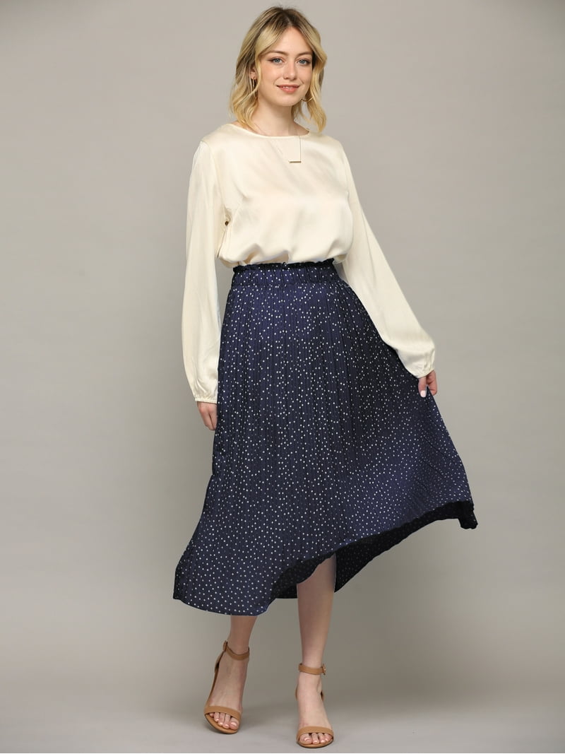 MBJ WB2383 Womens High Waist Polka Dot Pleated Skirt Midi