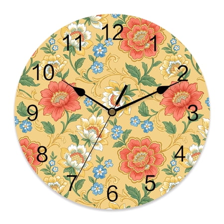 Wall Clock 10 Inch Country Floral Round Silent Decorative Wall Clocks Battery Operated for Living Room Bedroom Kitchen Classroom Decor, Retro Red White Blue Flowers Yellow