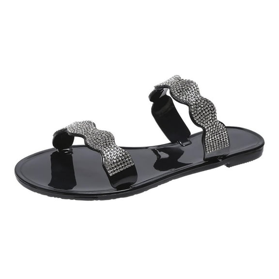 Anuirheih Slip on Sandals Women,Women's Rhinestone Sandals Slippers Beach Jelly Shoes(Black)