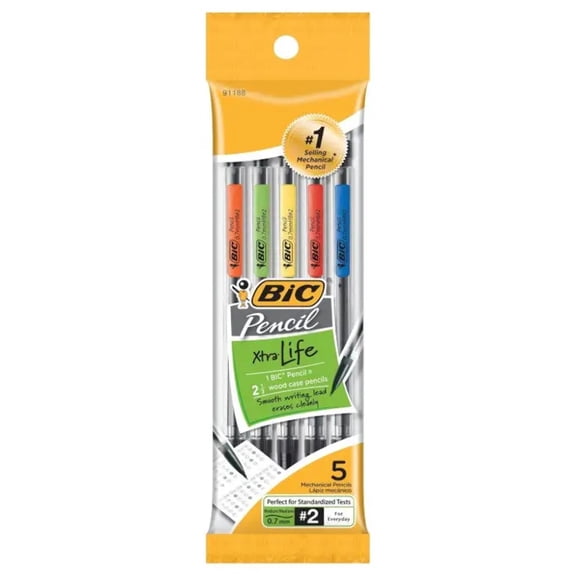 BIC Pencil Xtra Life Mechanical Pencil, Clear Barrel, Medium Point (0.7mm), 5-Count