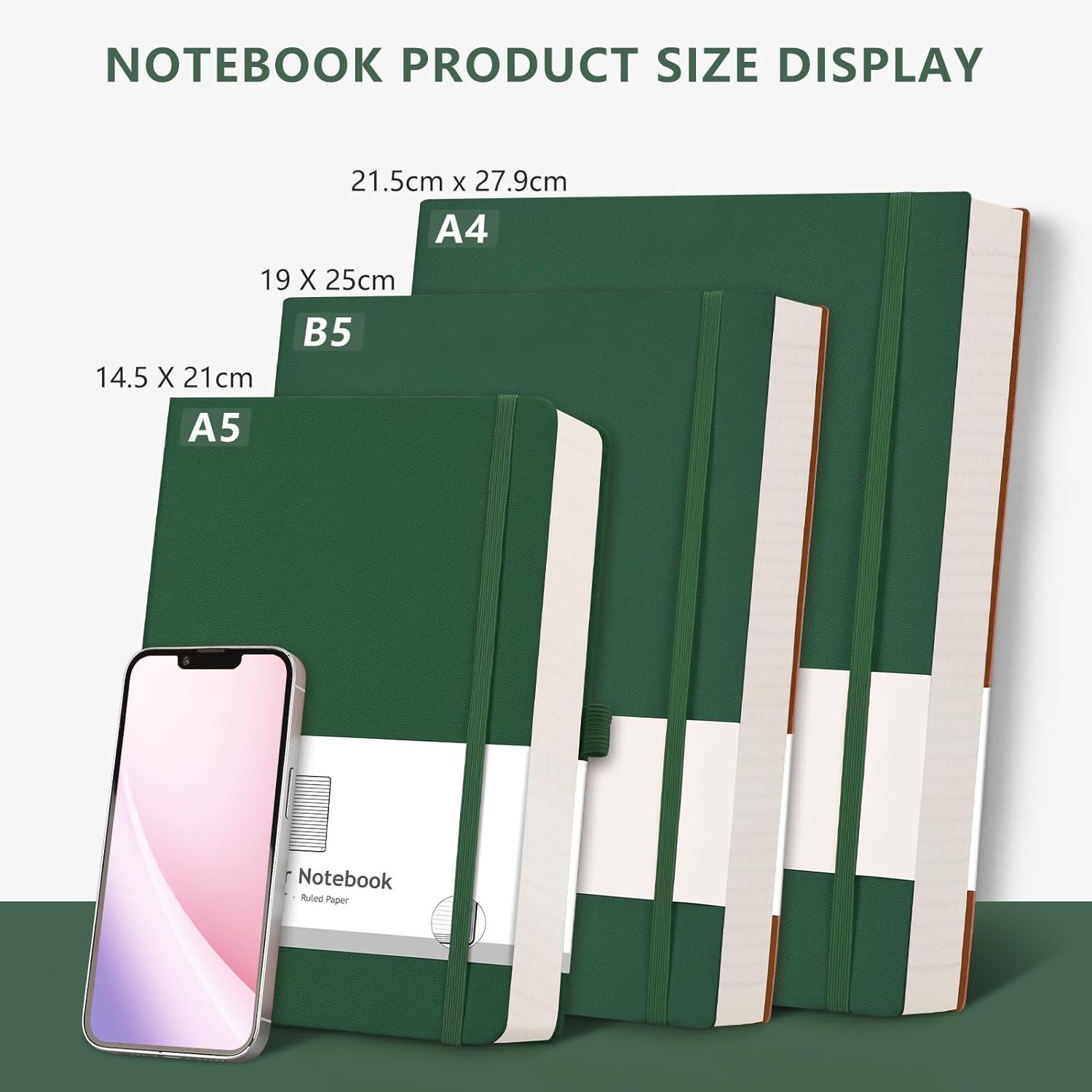 Lined Journal Notebook - 320 Numbered Pages Thick Journal for Women A5 Notepad College Ruled, 100gsm Paper, Leather Hardcover, for Men Writing Work Office School, 5.75'' X 8.38''-Green