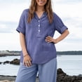 thumbnail image 5 of Endives Women's Linen T-Shirt Stand Color Striped Printed Loose Casual Short Sleeve T Shirt Women's Plus S-5XL Blue, 5 of 7