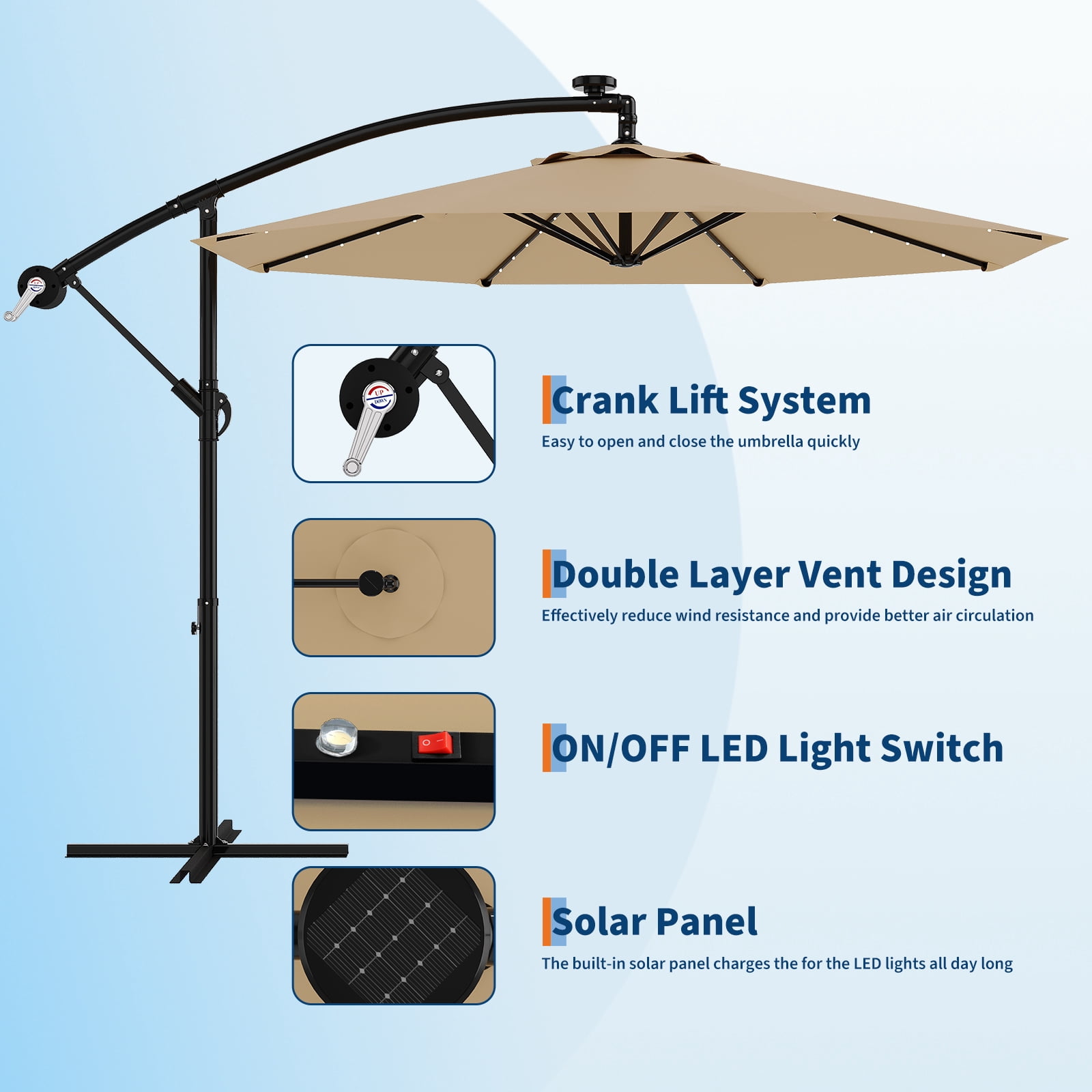 Wildbreak 10 ft Offset Hanging Market Patio Umbrella, with Solar LED, Easy Tilt Adjustment, Tan