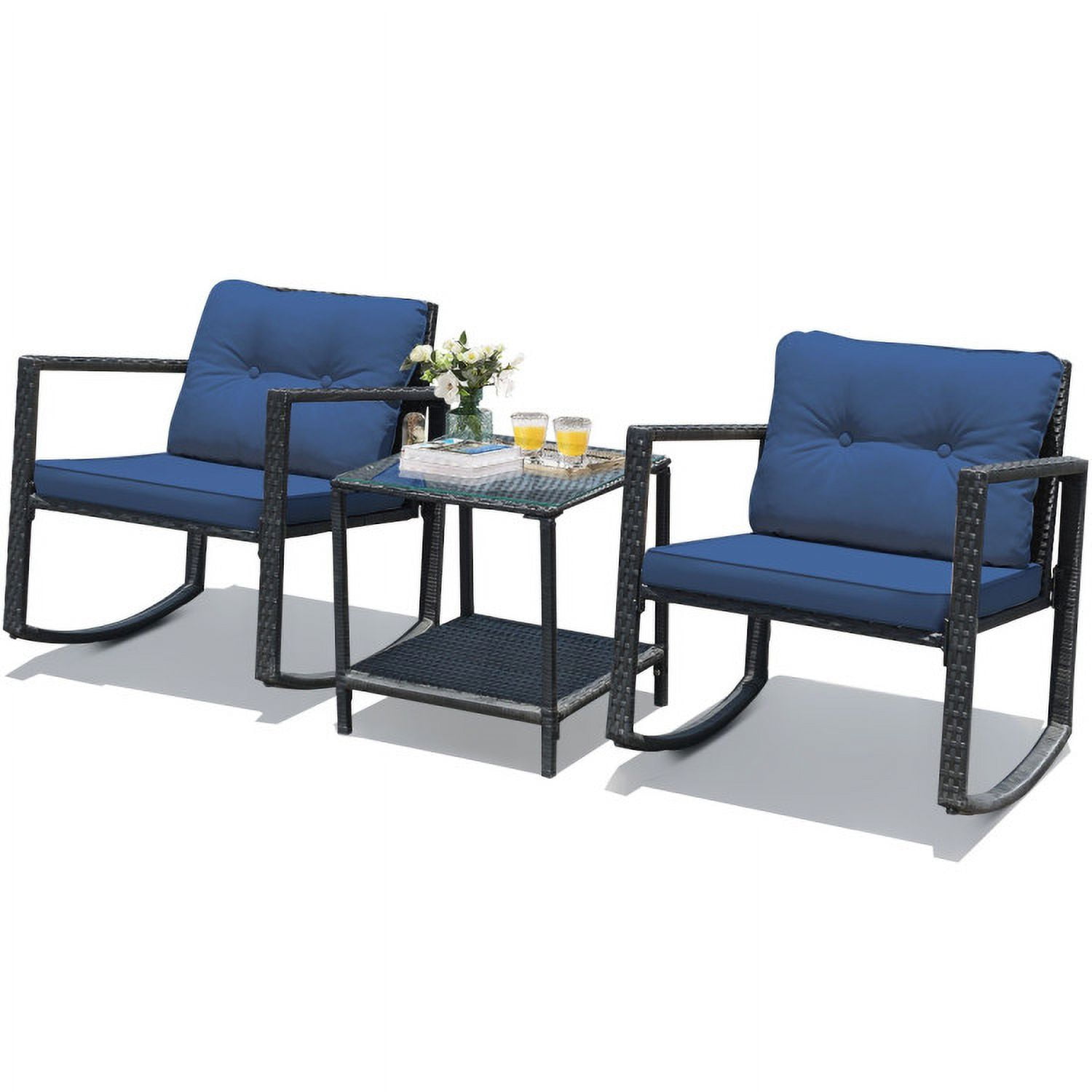 Aimee Lii 3 Pieces Patio Rattan Set Rocking Chair, Balcony Chairs, Small Patio Set, Navy Aimee Lii 3 Pieces Patio Rattan Set Rocking Chair, Balcony Chairs, Small Patio Set, Navy