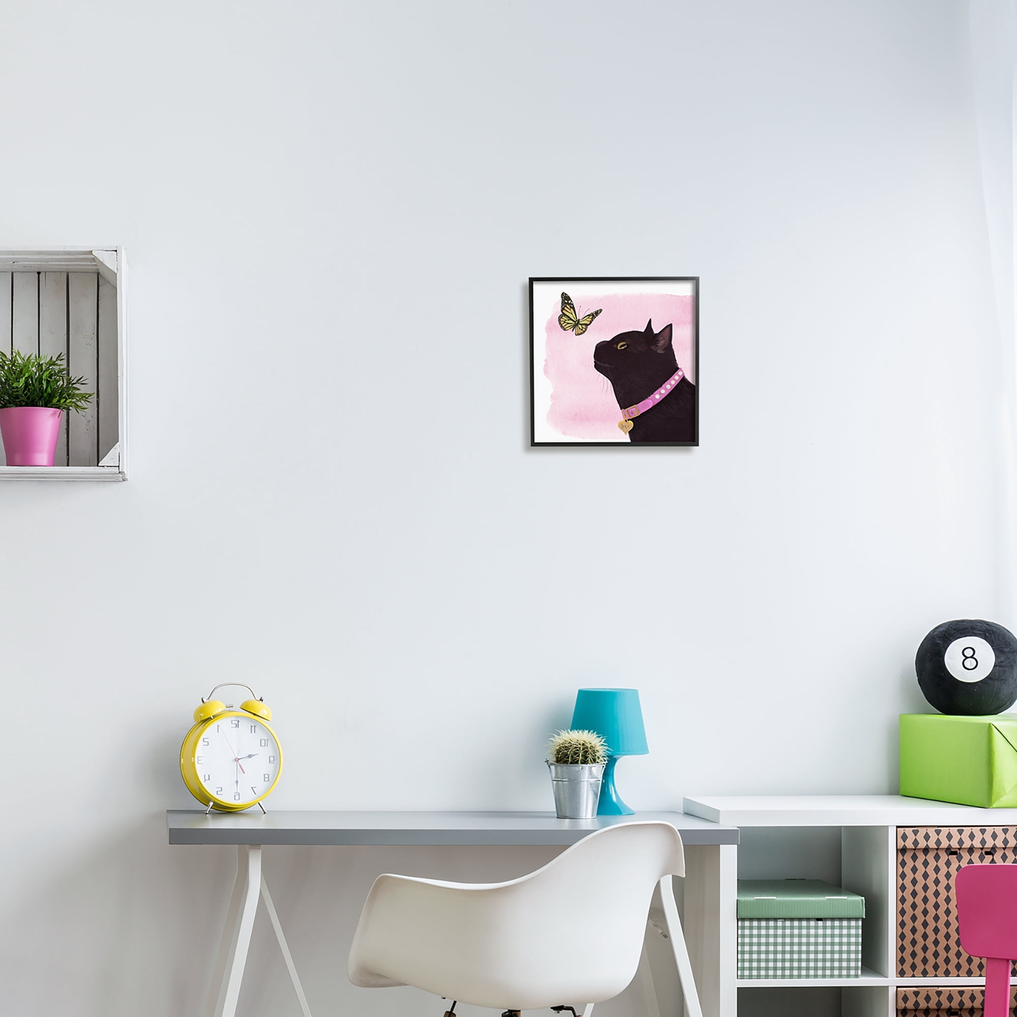 Stupell Industries Black Cat & Butterfly Animals & Insects Painting Black Framed Art Print Wall Art, 12 x 12