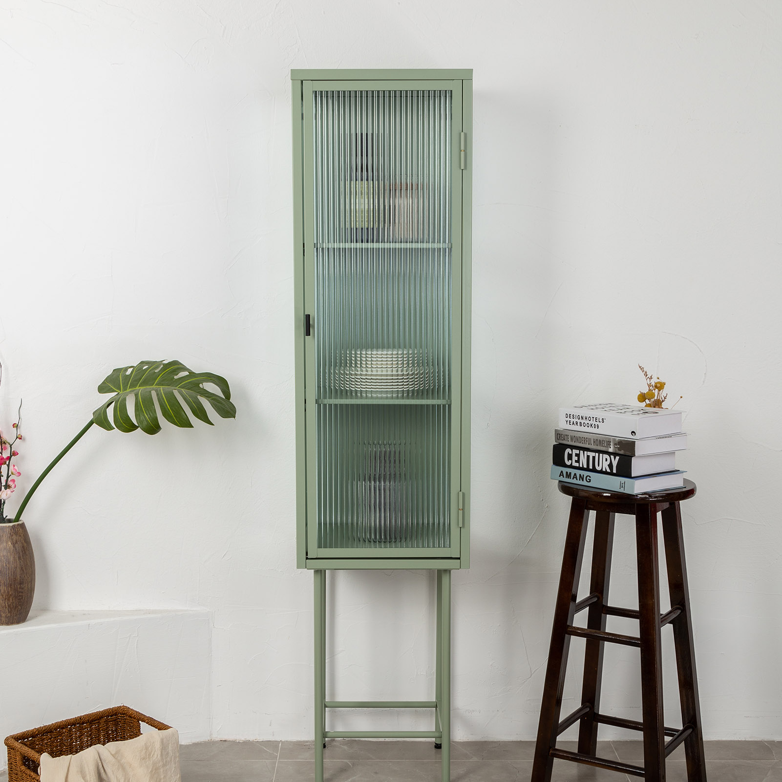 Retro Fluted Glass Storage Tall Display with 3