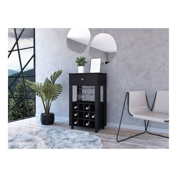 Ace Bar Cart with 12 Wine Cubbies, Open Shelf, Drawer, 4 Caster Wheels, and Glass Rack, Black