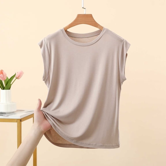 ClodeEU Women's Crew Neck Cap Sleeve T-Shirt, Casual Loose Fit Basic Tee Beige,Women's Plus L