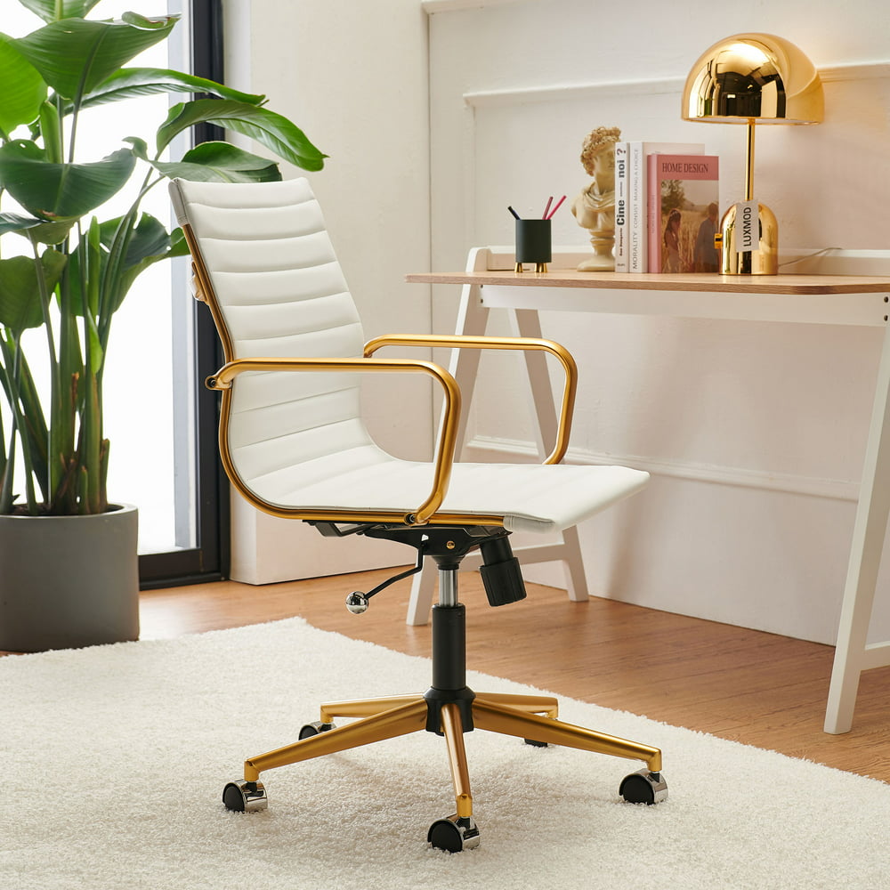 Luxmod Mid Back Gold Office Chair in White Leather, Adjustable Swivel