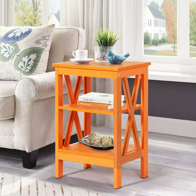 VECELO Table de Chevet avec Étagère de Rangement à 3 Niveaux, Table d'Appoint Latérale à Motif en X pour Salon, Chambre, Assemblage Facile, Orange