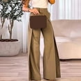 thumbnail image 3 of MORTTIC Women's High-Waisted Wide-Leg Pants with Pockets & Asymmetrical Design Casual Long Trousers Brown M, 3 of 4