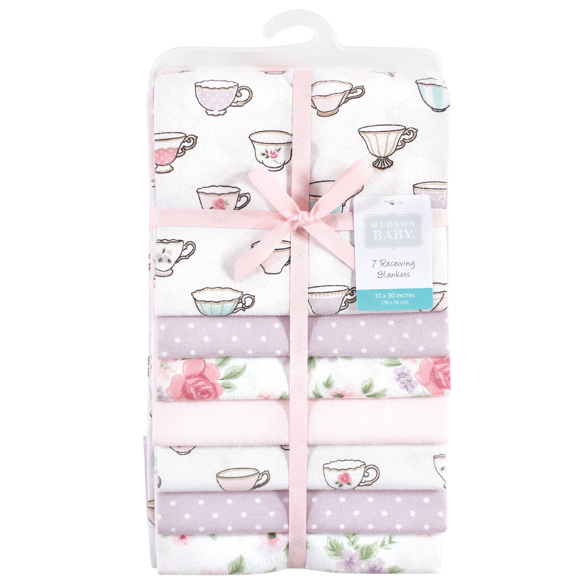 Little Treasure Hudson Baby Cotton Poly Flannel Receiving Blankets Multipack, Purple Tea Party, 30x30 inches