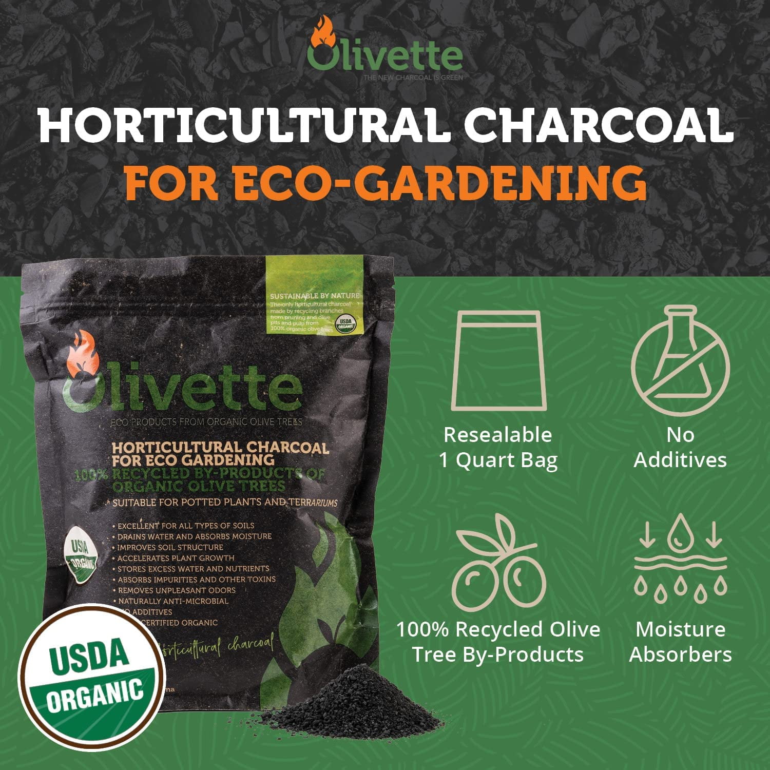 Horticultural Activated Charcoal for Plants by Olivette | Terrarium Horticulture Moisture Absorbers | Terrarium Supplies | USDA Organic Certified | Made from Recycled Olive Tree Byproducts | 3 Bags