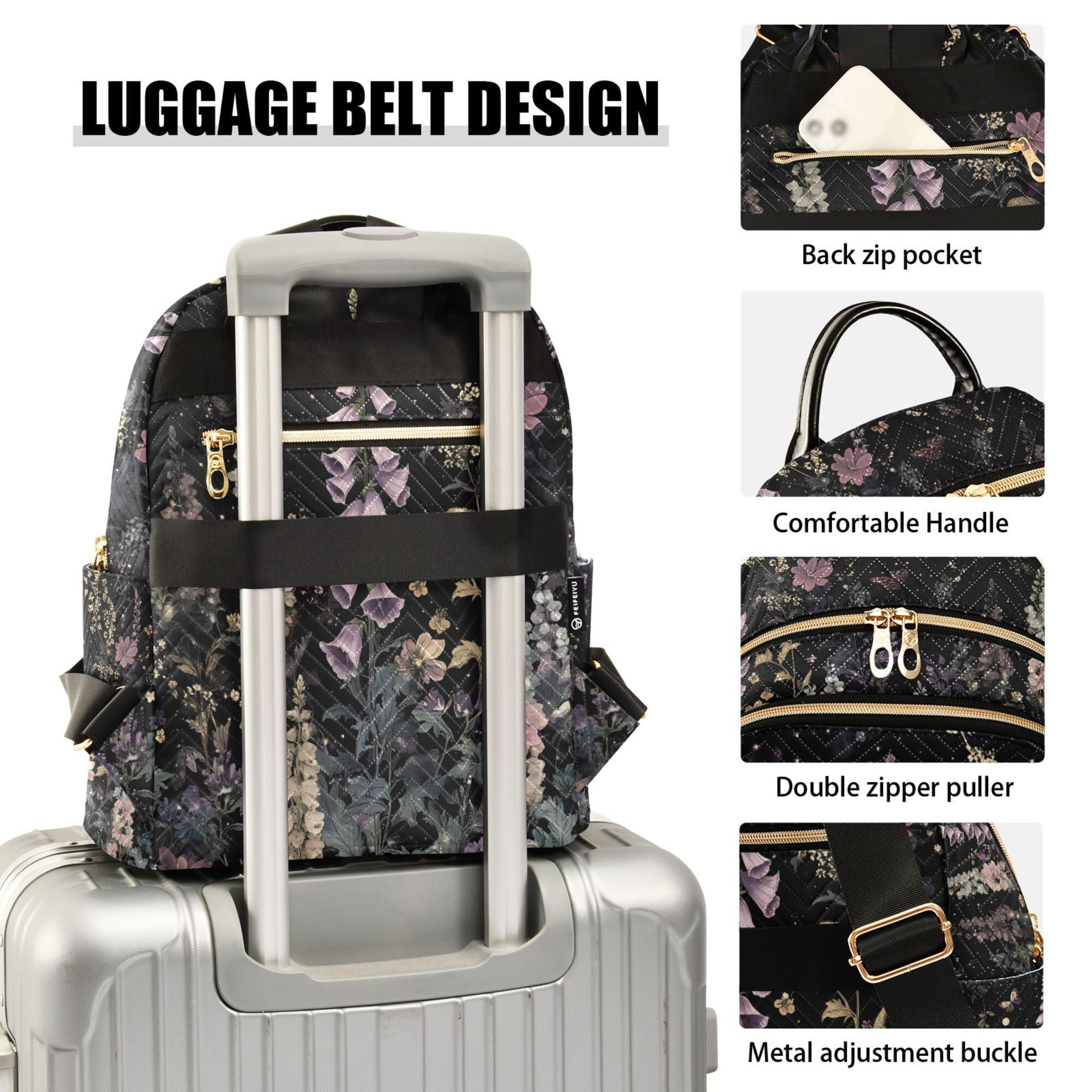 FORMRS Mini Backpack Purse for Women Travel Daypack Casual Shoulder Bag, Dark Flowers Pattern