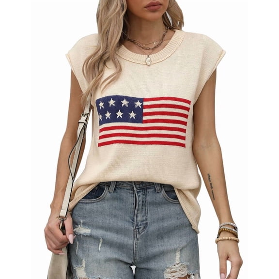 American Flag Graphic Sweater Vest for Women Summer Lightweight Knitted Sweaters Crew Neck Cap Sleeve Tank Tops Shermie