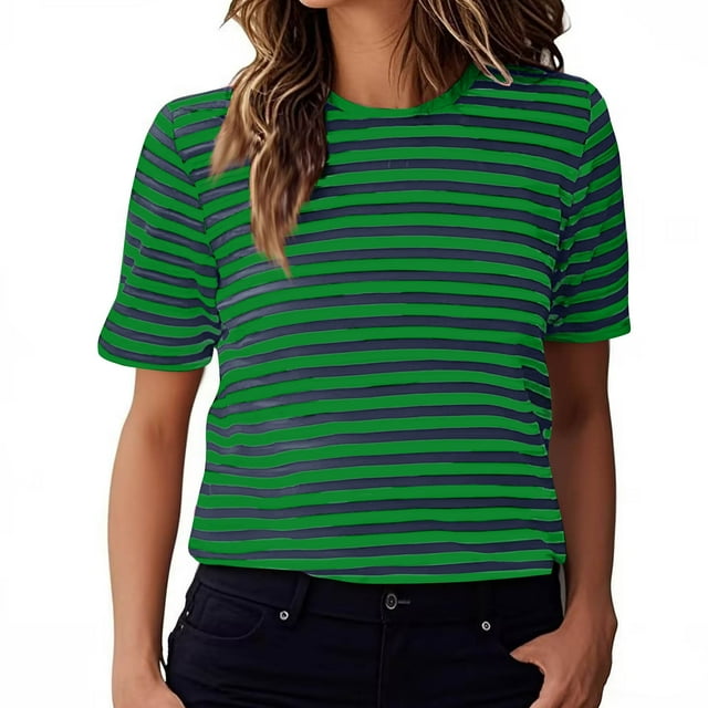tarylea Hauts pour Femmes Manches Courtes Col Rond Chemises à Rayures à Blocs de Couleur Hauts Amples Décontractés d'Été Tendance Basiques Habillés