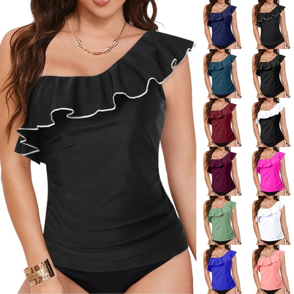 COMVALUE Womens One Shoulder Tankini Swim Tops Ruffle Bathing Suit Tops No Bottoms (Green, XXL)