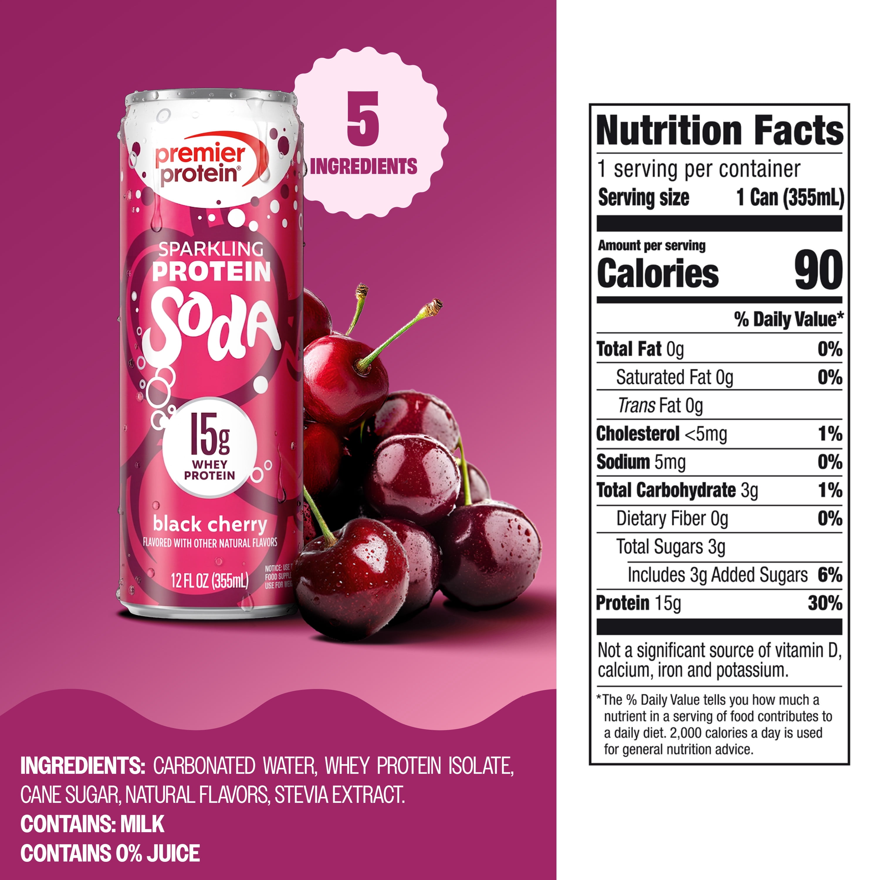 Premier Protein, Sparkling Protein Soda, 15g Protein, Black Cherry, 12 Fl Oz, 4 Ct