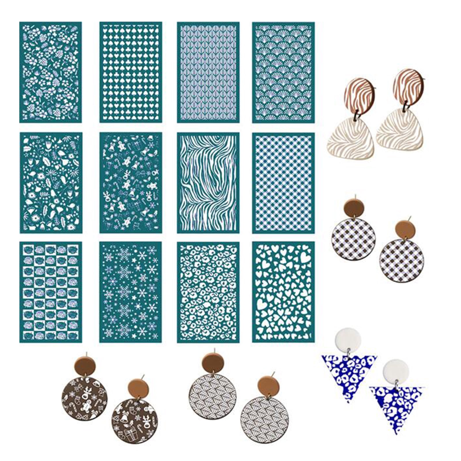 61 Pcs Earring Kit Include 6 Clay Silk Screen Stencils 24 Clay Earring Cutter 30 Earring Hooks for Earring Making
