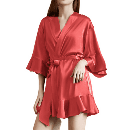 

Homegro Women s Lightweight Satin Kimono Bath Robe 3/4 Sleeve Bathrobe V Neck Thin Loungewear Red Medium
